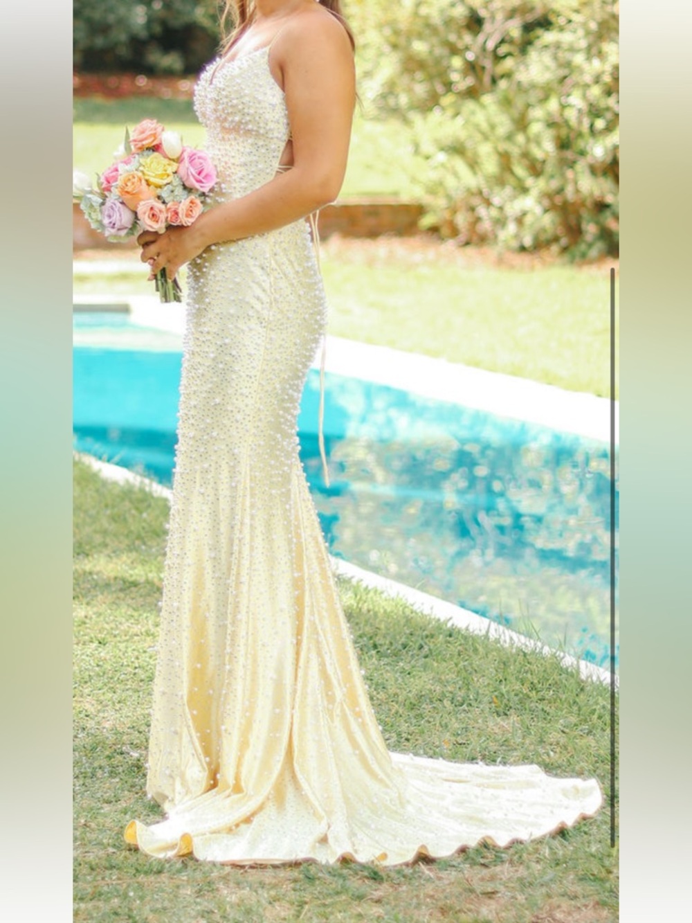 Sherri Hill Pale Yellow Pearl Beaded Gown